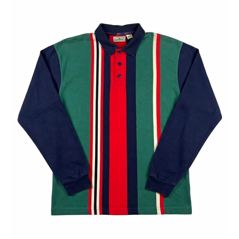 L.L.Bean Mens M Preppy Heritage Striped Polo Shirt Cotton Green Red Navy
